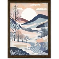 Artery8 Countryside Path in Boho Hill Winter Landscape Artwork Framed Wall Art Print A4 in Brown