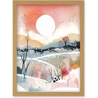 Artery8 Sunset in Winter Landscape Boho Modern Folk Art Artwork Framed Wall Art Print A4 in Light Oak