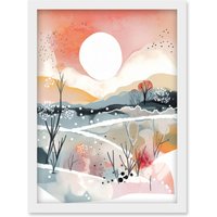 Artery8 Sunset in Winter Landscape Boho Modern Folk Art Artwork Framed Wall Art Print A4 in White
