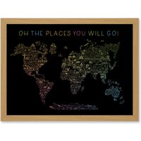 Artery8 World Travel Landmark Line Map Oh The Places You Will Go Rainbow Black Artwork Framed Wall Art Print A4 in Light Oak