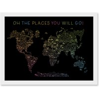 Artery8 World Travel Landmark Line Map Oh The Places You Will Go Rainbow Black Artwork Framed Wall Art Print A4 in White
