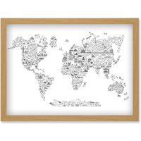 Artery8 World Travel Landmark Line Icons Map For Kids Bedroom Education Artwork Framed Wall Art Print A4 in Light Oak