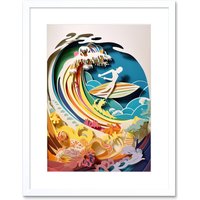 Artery8 Wall Art Print Rainbow Kirigami Surfer Surfing Coastal Landscape Artwork Framed 9X7 Inch in White | Size: W7" x H9"