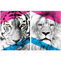Artery8 Wall Art Print Pack of 2 A4 Neon Tiger & Lion Vivid Jungle Animal Portrait Bold Geometric Design Poster Living Room s Set