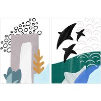 Artery8 Wall Art Print Pack of 2 A4 Abstract Underwater Aquatic Landscape Flying Fish Pastel Colour Naive Living Room s Set
