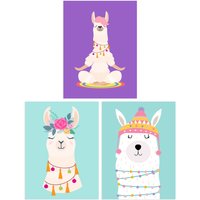 Artery8 Wall Art Print Pack of 3 A4 Kids Bedroom Cute Happy Llama Yoga Meditation Bright Purple & Pastel Blue Living Room s Set