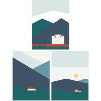 Artery8 Wall Art Print Pack of 3 A4 Geometric Bold Colour Scottish Mountain Countryside House & Castle Landscape Living Room s Set