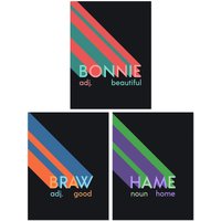 Artery8 Wall Art Print Pack of 3 A4 Retro Style Typography Beautiful Good Home Bonnie Braw Hame Scottish Word Colourful Living Room s Set