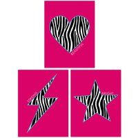 Artery8 Wall Art Print Pack of 3 A4 Zebra Pattern Heart Lightning Star Shape On Block Hot Pink Motivational Living Room s Set