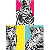 Artery8 Wall Art Print Pack of 3 A4 Bright Wild Animal Bright Pink & Yellow Zebra Lion Leopard Colour Block Poster Living Room s Set