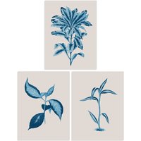 Artery8 Wall Art Print Pack of 3 A4 Modern Audubon Style Blue on Beige Detailed Leafy Plant Botanical Living Room s Set