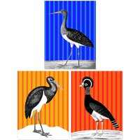 Artery8 Wall Art Print Pack of 3 A4 Bird on Striped Blue Yellow Orange Colourful Bright Modern Living Room s Set