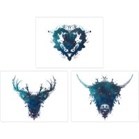 Artery8 Wall Art Print Pack of 3 A4 Ink Splat Thistle Heart Flower Hairy Coo Cow & Stag Celestial Space Scottish Painting Living Room s Set