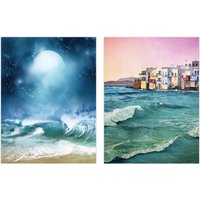 Wee Blue Coo Pack of 2 Sea Shore Waves Seaside Coastal Town Landscape Oil Painting Unframed Wall Art Living Room Prints Set in Blue