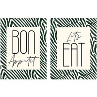Wee Blue Coo Pack of 2 Bon Appetit Let's Eat Typography with Zebra Stripes Pattern Kitchen Sign Unframed Wall Art Living Room Prints Set in Off-White
