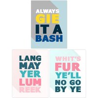 Wee Blue Coo Pack of 3 Scottish Sayings Good Wish Motivational Inspirational Expression Pastels Unframed Wall Art Living Room Prints Set in Blue