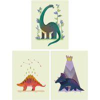 Wee Blue Coo Pack of 3 Kids Bedroom Cute Dinosaurs Stegosaurus Apatosaurus Triceratops Pastel Colour Boy Girl Unframed Wall Art Living Room Prints