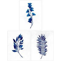 Wee Blue Coo Pack of 3 Simple Elegant Flower Plant Leaf Foliage Cobalt Blue Watercolour Unframed Wall Art Living Room Prints Set