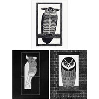 Wee Blue Coo Pack of 3 Julie de Graag Black & White Graphic Linocut Owl & Parrot Vintage Bird Unframed Wall Art Living Room Prints Set