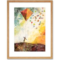 Artery8 Wall Art Print Child Flying Big Kite in Rainbow Colour Sunset Sky Artwork Framed 9X7 Inch in Beige | Size: W7" x H9"