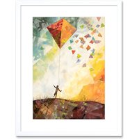 Artery8 Wall Art Print Child Flying Big Kite in Rainbow Colour Sunset Sky Artwork Framed 9X7 Inch in White | Size: W7" x H9"