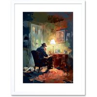 Artery8 Wall Art Print Private Detective in his Office Film Noir Style Artwork Framed 9X7 Inch in White | Size: W7" x H9"