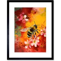 Artery8 Wall Art Print Honey Bee on Abstract Flower Bed Oil Painting Artwork Framed 9X7 Inch in Black | Size: W7" x H9"