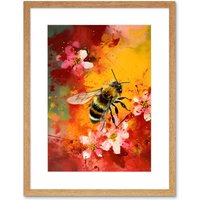Artery8 Wall Art Print Honey Bee on Abstract Flower Bed Oil Painting Artwork Framed 9X7 Inch in Beige | Size: W7" x H9"
