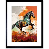 Artery8 Wall Art Print Wild Horse Galloping Across a Barren Landscape Artwork Framed 9X7 Inch in Black | Size: W7" x H9"