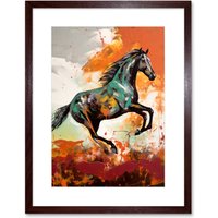 Artery8 Wall Art Print Wild Horse Galloping Across a Barren Landscape Artwork Framed 9X7 Inch in Brown | Size: W7" x H9"