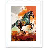 Artery8 Wall Art Print Wild Horse Galloping Across a Barren Landscape Artwork Framed 9X7 Inch in White | Size: W7" x H9"