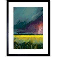Artery8 Wall Art Print Lightning Strike Over an Open Countryside Field Artwork Framed 9X7 Inch in Black | Size: W7" x H9"
