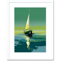 Artery8 Wall Art Print A Sailboat on a Calm Sea Under a Cloudless Sky Artwork Framed 9X7 Inch in White | Size: W7" x H9"