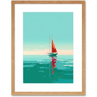 Artery8 Wall Art Print A Sailboat with a Red Sail Sailing on a Calm Sea Artwork Framed 9X7 Inch in Beige | Size: W7" x H9"