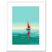 Artery8 Wall Art Print A Sailboat with a Red Sail Sailing on a Calm Sea Artwork Framed 9X7 Inch in White | Size: W7" x H9"