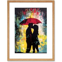 Artery8 Wall Art Print Couple Silhouette Kissing Under a Red Umbrella Artwork Framed 9X7 Inch in Beige | Size: W7" x H9"