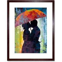 Artery8 Wall Art Print Silhouette of a Couple Kissing Under an Umbrella Artwork Framed 9X7 Inch in Brown | Size: W7" x H9"
