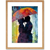 Artery8 Wall Art Print Silhouette of a Couple Kissing Under an Umbrella Artwork Framed 9X7 Inch in Beige | Size: W7" x H9"