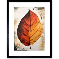 Artery8 Wall Art Print A Single Amber Orange Autumn Leaf Artwork Framed 9X7 Inch in Black | Size: W7" x H9"