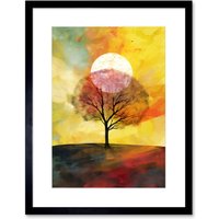 Artery8 Wall Art Print Large Sun Setting Behind a Lonely Tree on a Hill Artwork Framed 9X7 Inch in Black | Size: W7" x H9"