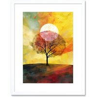 Artery8 Wall Art Print Large Sun Setting Behind a Lonely Tree on a Hill Artwork Framed 9X7 Inch in White | Size: W7" x H9"
