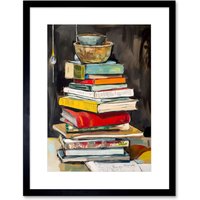 Artery8 Wall Art Print A Stack of Recipe Cookbooks with Bowls on Top Artwork Framed 9X7 Inch in Black | Size: W7" x H9"