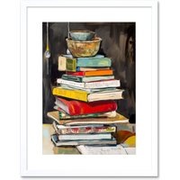 Artery8 Wall Art Print A Stack of Recipe Cookbooks with Bowls on Top Artwork Framed 9X7 Inch in White | Size: W7" x H9"