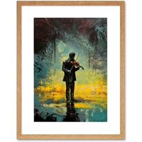 Artery8 Wall Art Print Street Musician Playing Violin After the Rain Artwork Framed 9X7 Inch in Beige | Size: W7" x H9"