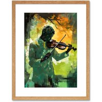 Artery8 Wall Art Print Jazz Violin Player Playing Violin Under a Tree Artwork Framed 9X7 Inch in Beige | Size: W7" x H9"