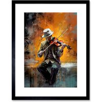 Artery8 Wall Art Print Street Musician Playing Jazz Music on his Violin Artwork Framed 9X7 Inch in Black | Size: W7" x H9"