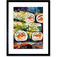 Artery8 Wall Art Print Vibrant Japan Cuisine Sushi Roll Oil Painting Artwork Framed 9X7 Inch in Black | Size: W7" x H9"