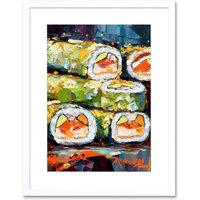 Artery8 Wall Art Print Vibrant Japan Cuisine Sushi Roll Oil Painting Artwork Framed 9X7 Inch in White | Size: W7" x H9"