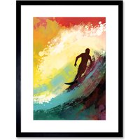 Artery8 Wall Art Print The Silhouette of a Surfer Surfing on a Big Wave Artwork Framed 9X7 Inch in Black | Size: W7" x H9"