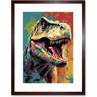 Artery8 Wall Art Print Roaring T-Rex Multicoloured Dinosaur Portrait Artwork Framed 9X7 Inch in Brown | Size: W7" x H9"